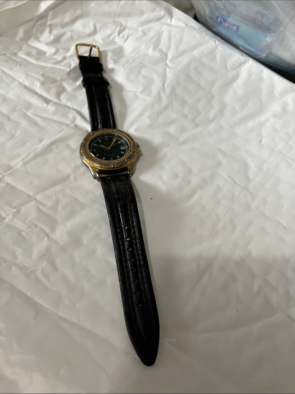 Perry Ellis Men's Black Leather Strap Watch with Gold-Tone Bezel